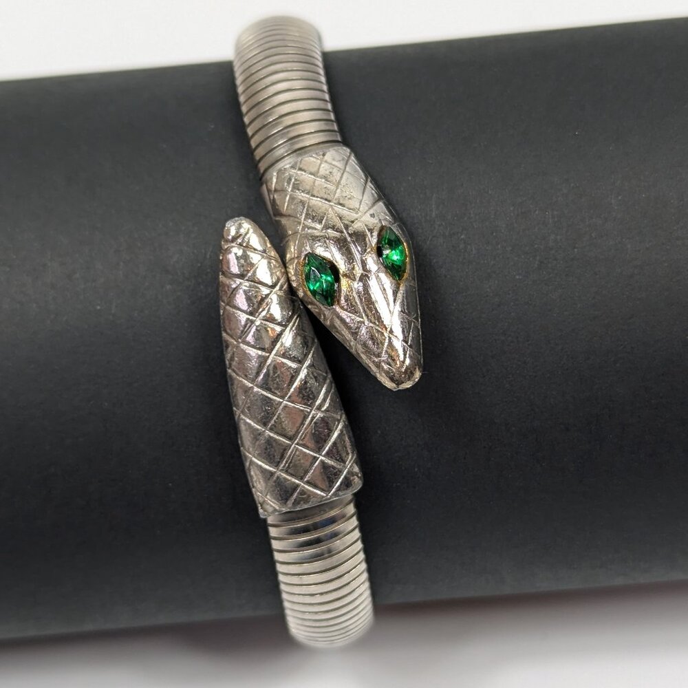 Vintage Silver Tone Wrap Around Snake Bracelet with Green Rhinestone Eyes